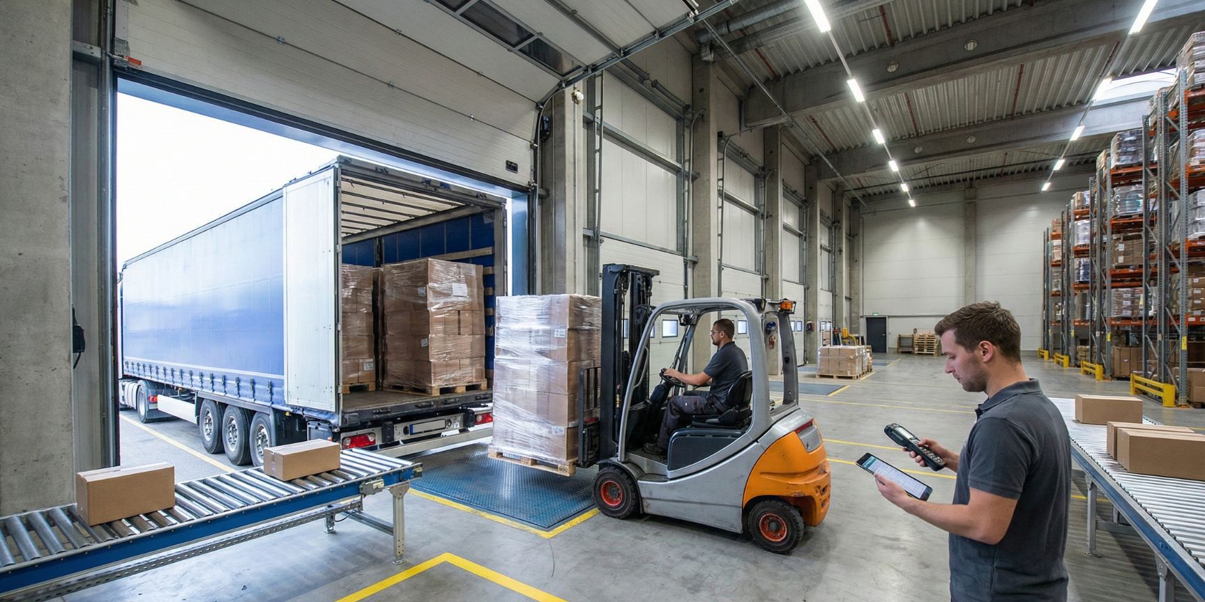 Ein Gabelstapler entlädt Paletten von einem LKW an einer Laderampe im Rahmen des Wareneingangsprozesses, während ein Mitarbeiter die Waren digital mit einem Scanner erfasst.